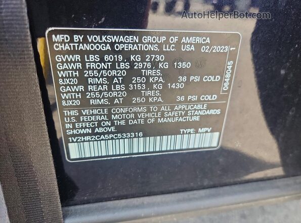1V2HR2CA5PC533316 2023 VOLKSWAGEN ATLAS Black Widok naklejki z numerem VIN