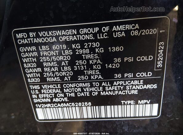 1V2HR2CA6MC526256 2021 VOLKSWAGEN ATLAS Black Vista del compartimento del motor