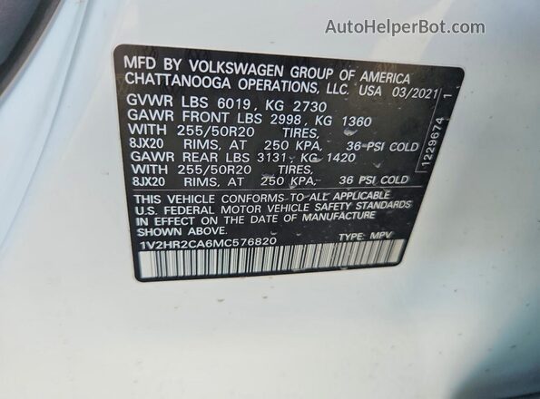 1V2HR2CA6MC576820 2021 VOLKSWAGEN ATLAS White VIN sticker view