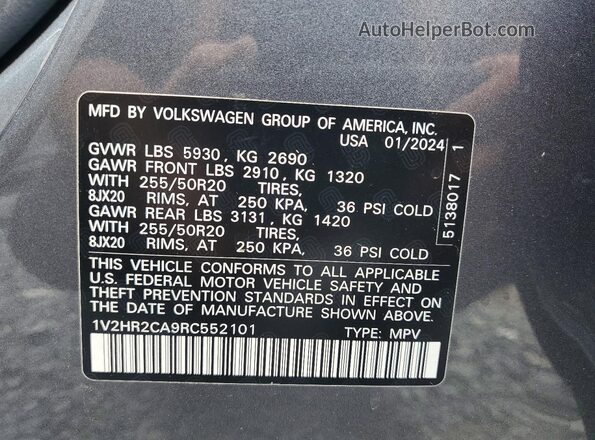 1V2HR2CA9RC552101 2024 VOLKSWAGEN ATLAS Gray Vista interior de 360 grados