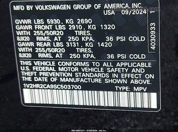 1V2HR2CA9SC503700 2025 VOLKSWAGEN ATLAS Черный Вид подкапотного пространства