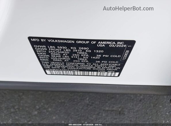 1V2HR2CAXRC570607 2024 VOLKSWAGEN ATLAS White Engine compartment view
