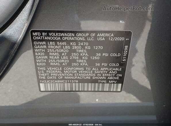 1V2JC2CA8MC211378 2021 VOLKSWAGEN ATLAS Gray Widok tylnych siedzeń