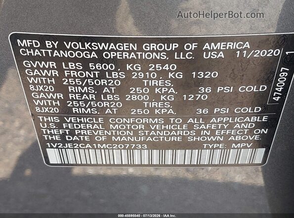 1V2JE2CA1MC207733 2021 VOLKSWAGEN ATLAS Gray Vista del compartimento del motor