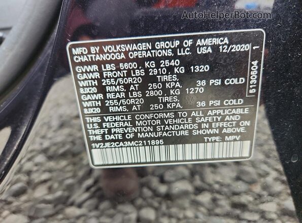 1V2JE2CA3MC211895 2021 VOLKSWAGEN ATLAS Черный Вид наклейки с VIN-кодом