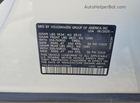 1V2JE2CA5SC229344 2025 VOLKSWAGEN ATLAS Белый Вид наклейки с VIN-кодом
