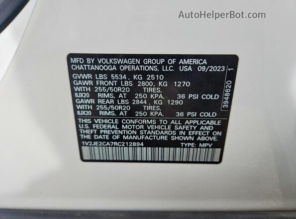 1V2JE2CA7RC212894 2024 VOLKSWAGEN ATLAS White VIN կոդի պիտակի տեսք