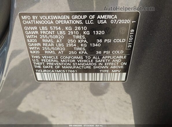 1V2JR2CA1MC517661 2021 VOLKSWAGEN ATLAS Gray ძრავის განყოფილების ხედი