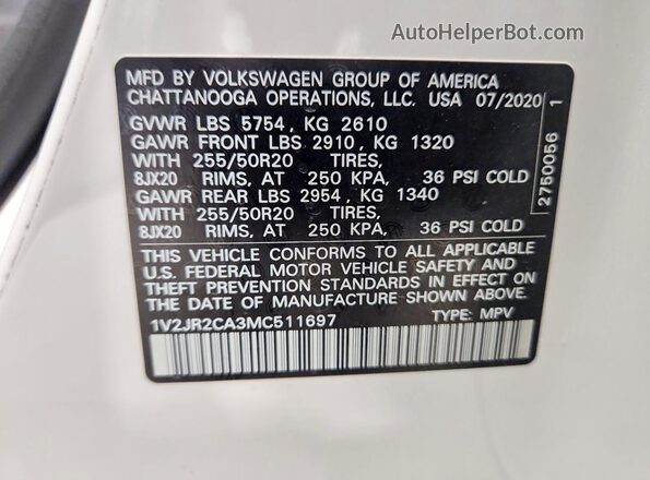 1V2JR2CA3MC511697 2021 VOLKSWAGEN ATLAS White Widok wnętrza 360 stopni