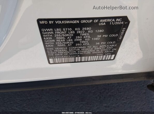 1V2JR2CA3SC520218 2025 VOLKSWAGEN ATLAS Белый Вид подкапотного пространства