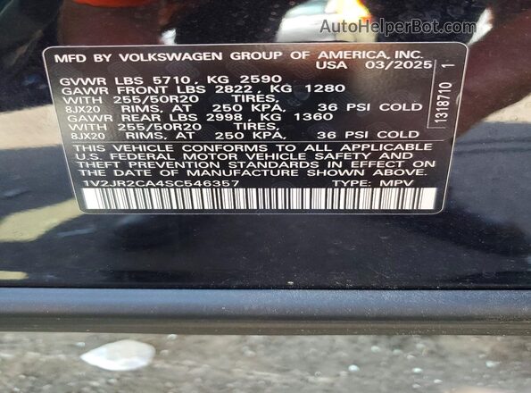 1V2JR2CA4SC546357 2025 VOLKSWAGEN ATLAS Black Vista de la etiqueta del VIN