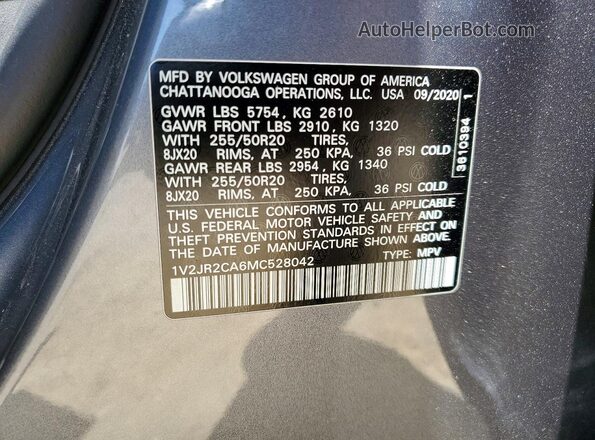 1V2JR2CA6MC528042 2021 VOLKSWAGEN ATLAS Gray Vista de la etiqueta del VIN