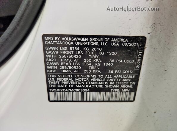 1V2JR2CA7MC603394 2021 VOLKSWAGEN ATLAS White VIN կոդի պիտակի տեսք