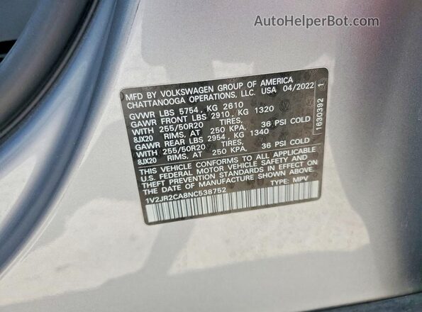 1V2JR2CA8NC538752 2022 VOLKSWAGEN ATLAS Silver Vista de la etiqueta del VIN