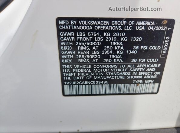 1V2JR2CA8NC539495 2022 VOLKSWAGEN ATLAS Белый Вид наклейки с VIN-кодом