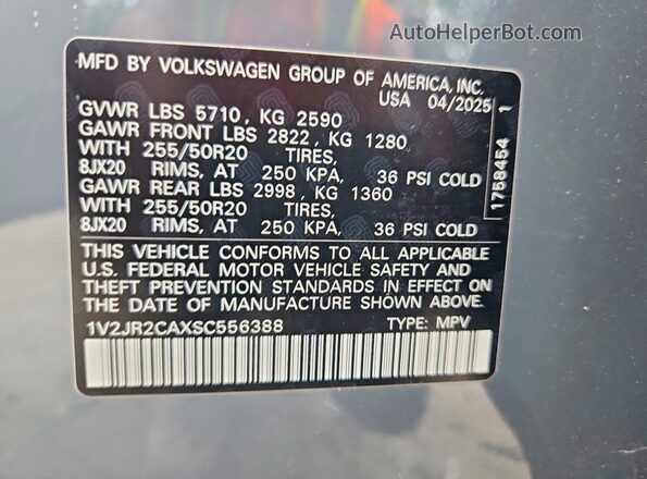 1V2JR2CAXSC556388 2025 VOLKSWAGEN ATLAS Gray Widok wnętrza 360 stopni
