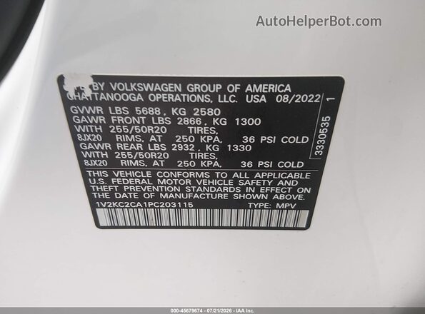 1V2KC2CA1PC203115 2023 VOLKSWAGEN ATLAS White Vista del compartimento del motor