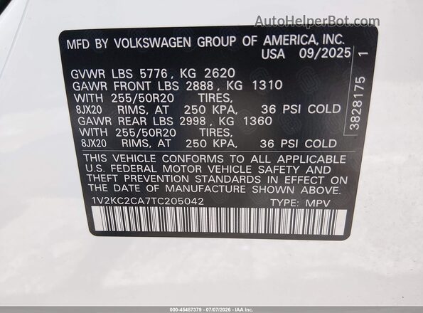 1V2KC2CA7TC205042 2026 VOLKSWAGEN ATLAS White Widok komory silnika