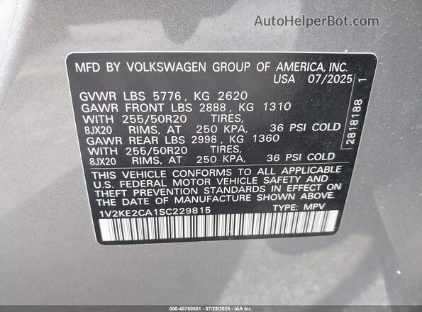 1V2KE2CA1SC229815 2025 VOLKSWAGEN ATLAS Silver Widok komory silnika