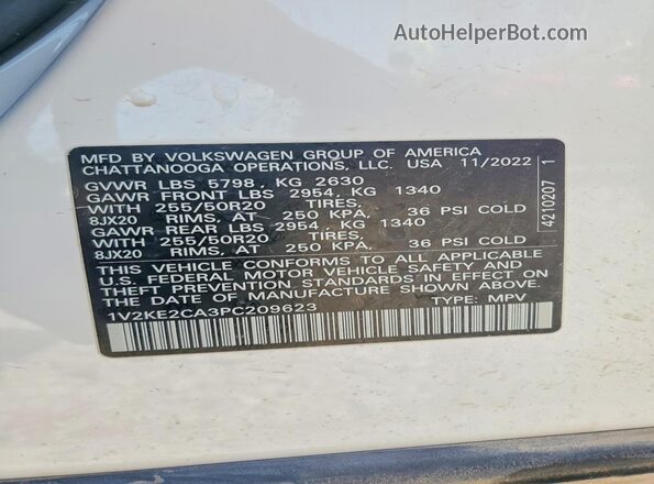 1V2KE2CA3PC209623 2023 VOLKSWAGEN ATLAS White VIN კოდის სტიკერის ხედი