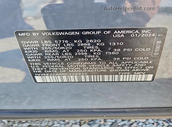 1V2KE2CA5RC228922 2024 VOLKSWAGEN ATLAS Gray VIN კოდის სტიკერის ხედი