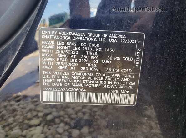 1V2KE2CA7NC206964 2022 VOLKSWAGEN ATLAS Black Вид наклейки з VIN-кодом