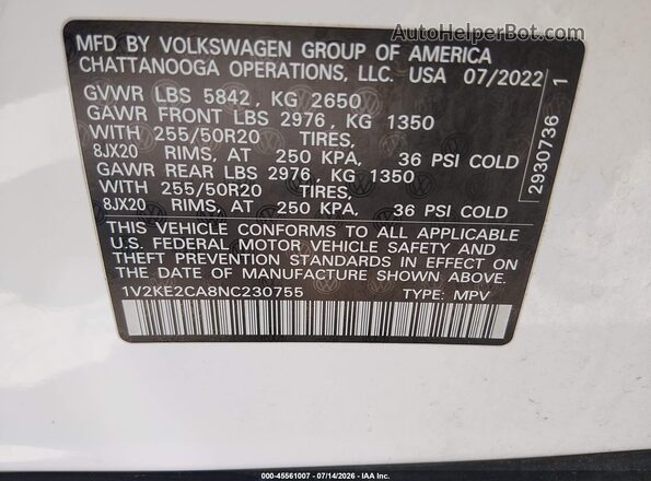 1V2KE2CA8NC230755 2022 VOLKSWAGEN ATLAS Белый Вид подкапотного пространства