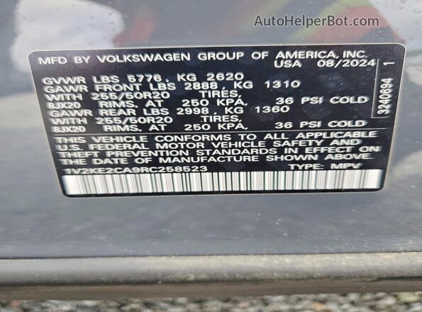 1V2KE2CA9RC258523 2024 VOLKSWAGEN ATLAS Серый Вид наклейки с VIN-кодом