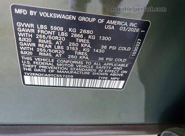 1V2KN2CA9TC557209 2026 VOLKSWAGEN ATLAS Green VIN կոդի պիտակի տեսք