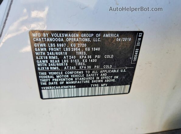 1V2KR2CA0JC567564 2018 VOLKSWAGEN ATLAS White VIN sticker view