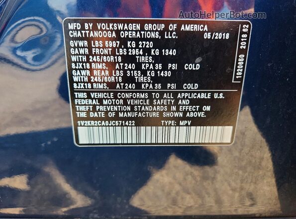 1V2KR2CA0JC571422 2018 VOLKSWAGEN ATLAS Blue Vista de la etiqueta del VIN