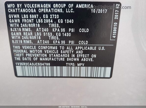 1V2KR2CA3JC534798 2018 VOLKSWAGEN ATLAS Gray Вид підкапотного простору