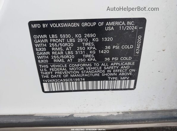 1V2KR2CA3SC519574 2025 VOLKSWAGEN ATLAS White Вид підкапотного простору