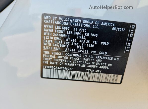1V2KR2CA4JC508727 2018 VOLKSWAGEN ATLAS White Widok naklejki z numerem VIN
