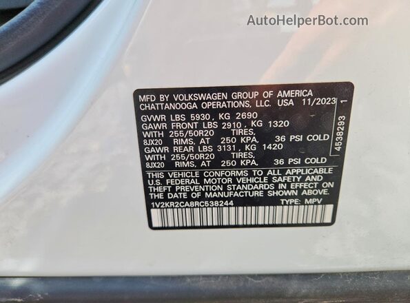 1V2KR2CA8RC538244 2024 VOLKSWAGEN ATLAS White Вид наклейки з VIN-кодом