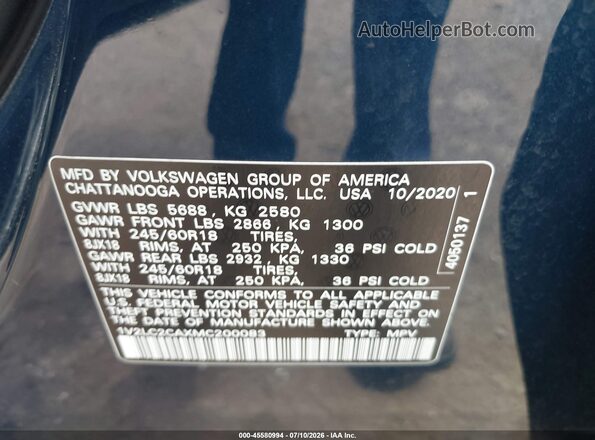 1V2LC2CAXMC200083 2021 VOLKSWAGEN ATLAS Blue Widok komory silnika