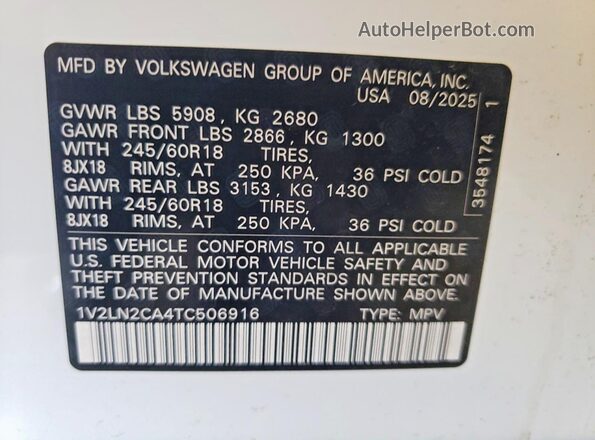 1V2LN2CA4TC506916 2026 VOLKSWAGEN ATLAS White Vista interior de 360 grados