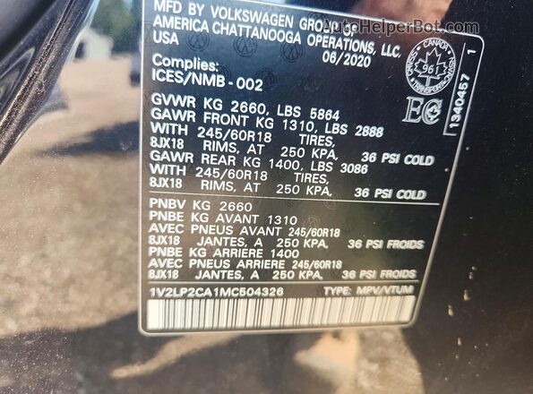 1V2LP2CA1MC504326 2021 VOLKSWAGEN ATLAS Черный Панорамный вид салона 360°
