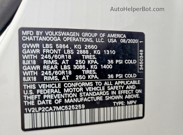 1V2LP2CA7MC525259 2021 VOLKSWAGEN ATLAS White Vista de la etiqueta del VIN