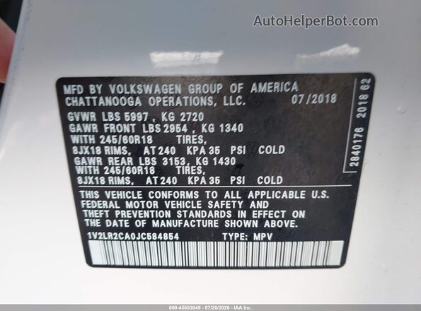 1V2LR2CA0JC584854 2018 VOLKSWAGEN ATLAS White Вид підкапотного простору