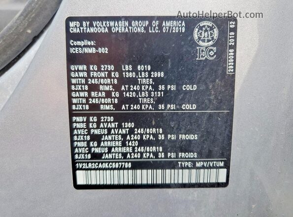 1V2LR2CA0KC587786 2019 VOLKSWAGEN ATLAS Серебряный Вид наклейки с VIN-кодом