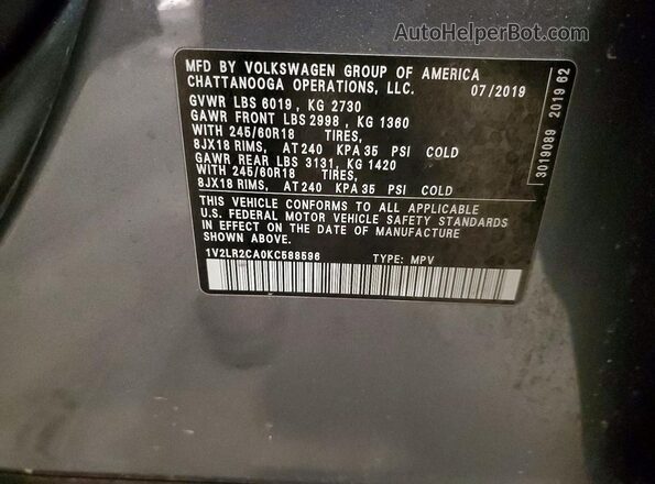 1V2LR2CA0KC588596 2019 VOLKSWAGEN ATLAS Gray Vista interior de 360 grados