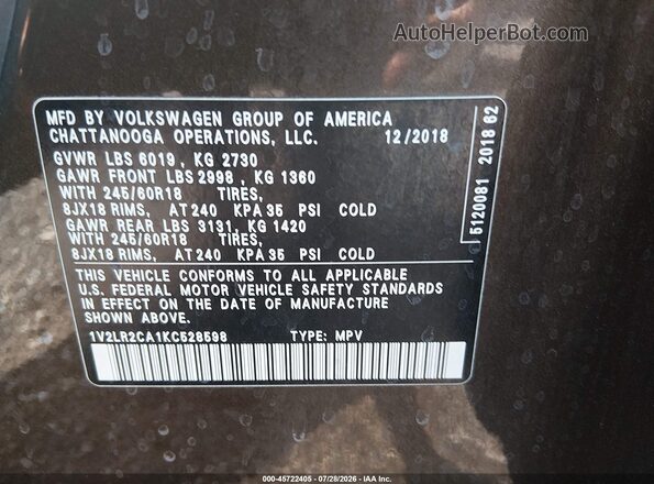 1V2LR2CA1KC528598 2019 VOLKSWAGEN ATLAS Black ძრავის განყოფილების ხედი