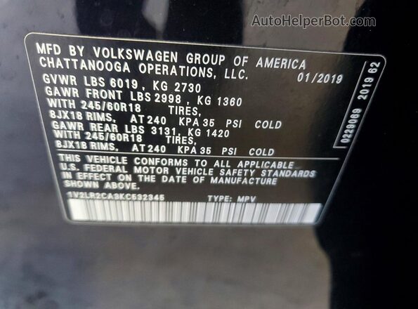 1V2LR2CA3KC532345 2019 VOLKSWAGEN ATLAS Black VIN կոդի պիտակի տեսք