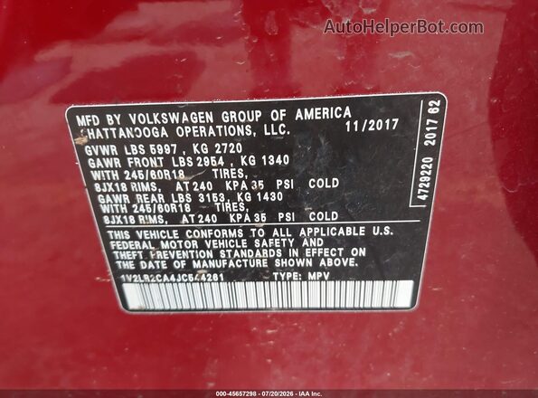 1V2LR2CA4JC544261 2018 VOLKSWAGEN ATLAS Red Vista del compartimento del motor