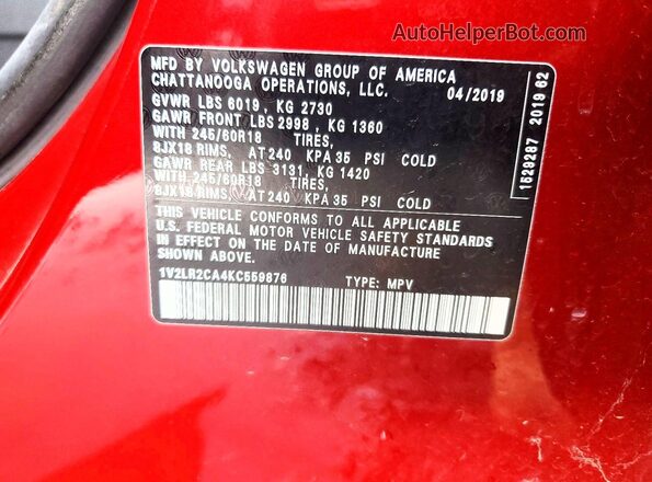 1V2LR2CA4KC559876 2019 VOLKSWAGEN ATLAS Red Widok naklejki z numerem VIN