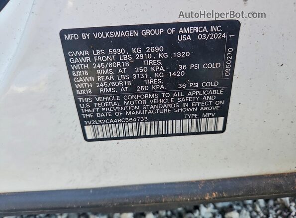 1V2LR2CA4RC564733 2024 VOLKSWAGEN ATLAS White VIN კოდის სტიკერის ხედი