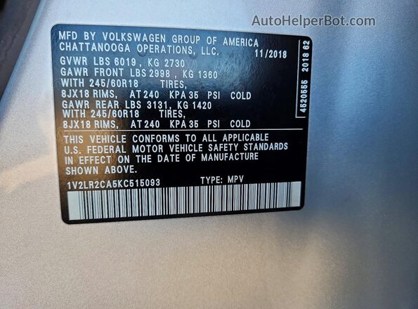 1V2LR2CA5KC515093 2019 VOLKSWAGEN ATLAS Silver Widok naklejki z numerem VIN