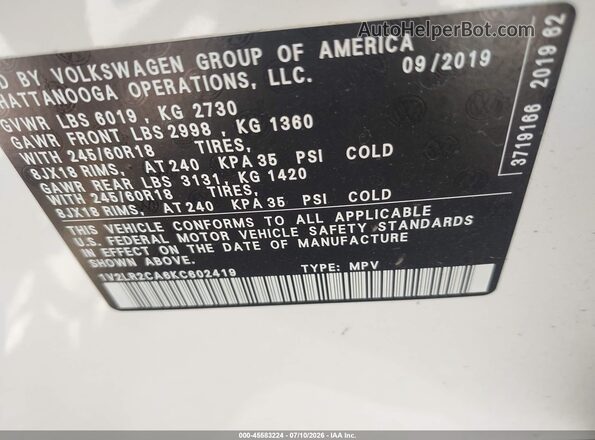 1V2LR2CA6KC602419 2019 VOLKSWAGEN ATLAS White Engine compartment view