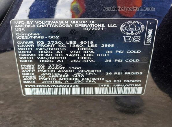 1V2LR2CA7NC506335 2022 VOLKSWAGEN ATLAS Black Вид наклейки з VIN-кодом